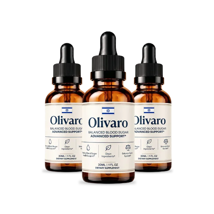 Three dropper bottles of Olivaro liquid supplement